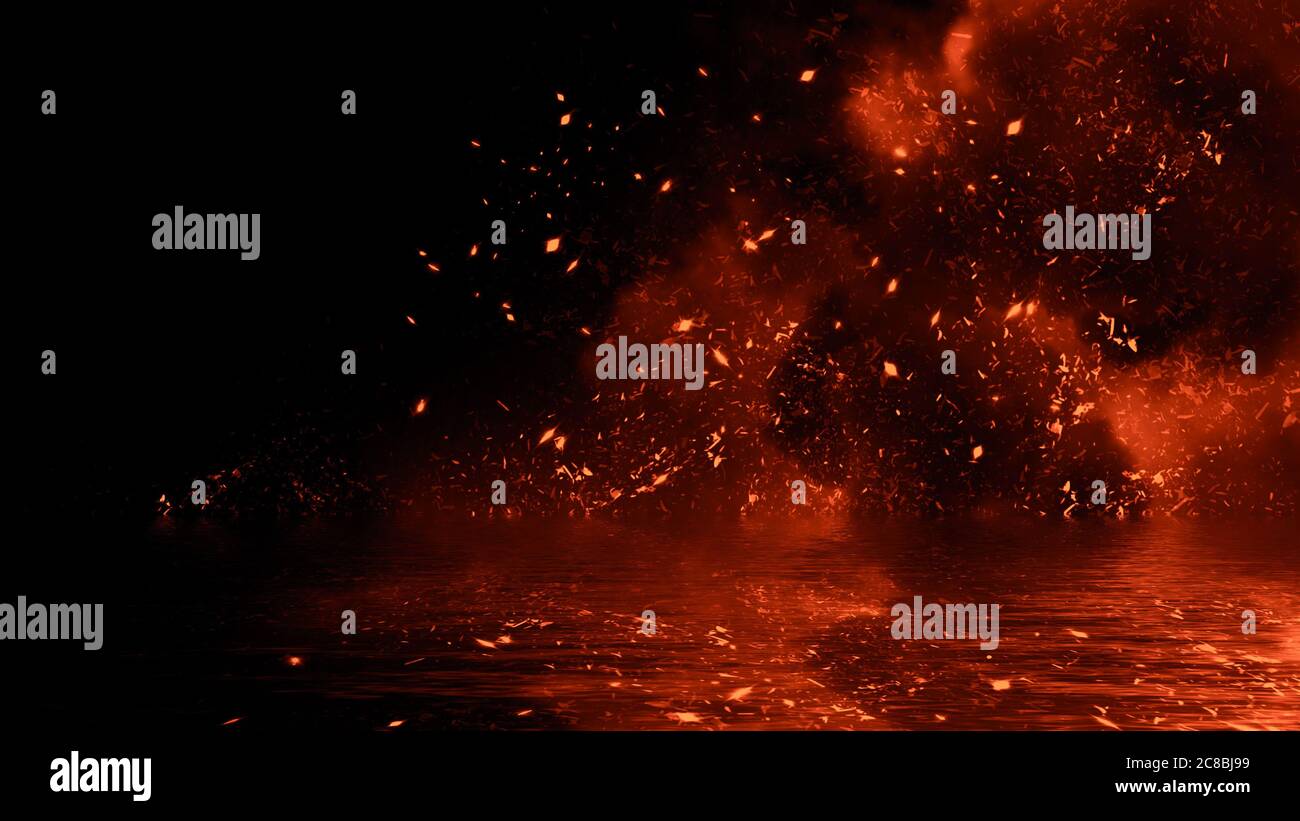 Fire particles effect dust debris isolated on black background, motion spray burst with reflection in water. Stock Photo