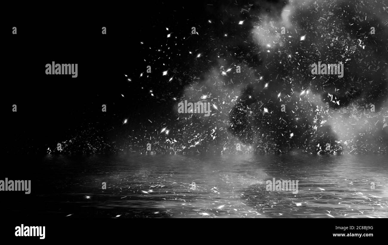 Fire embers particles with smoke texture overlays . Burn effect on water reflection Stock Photo