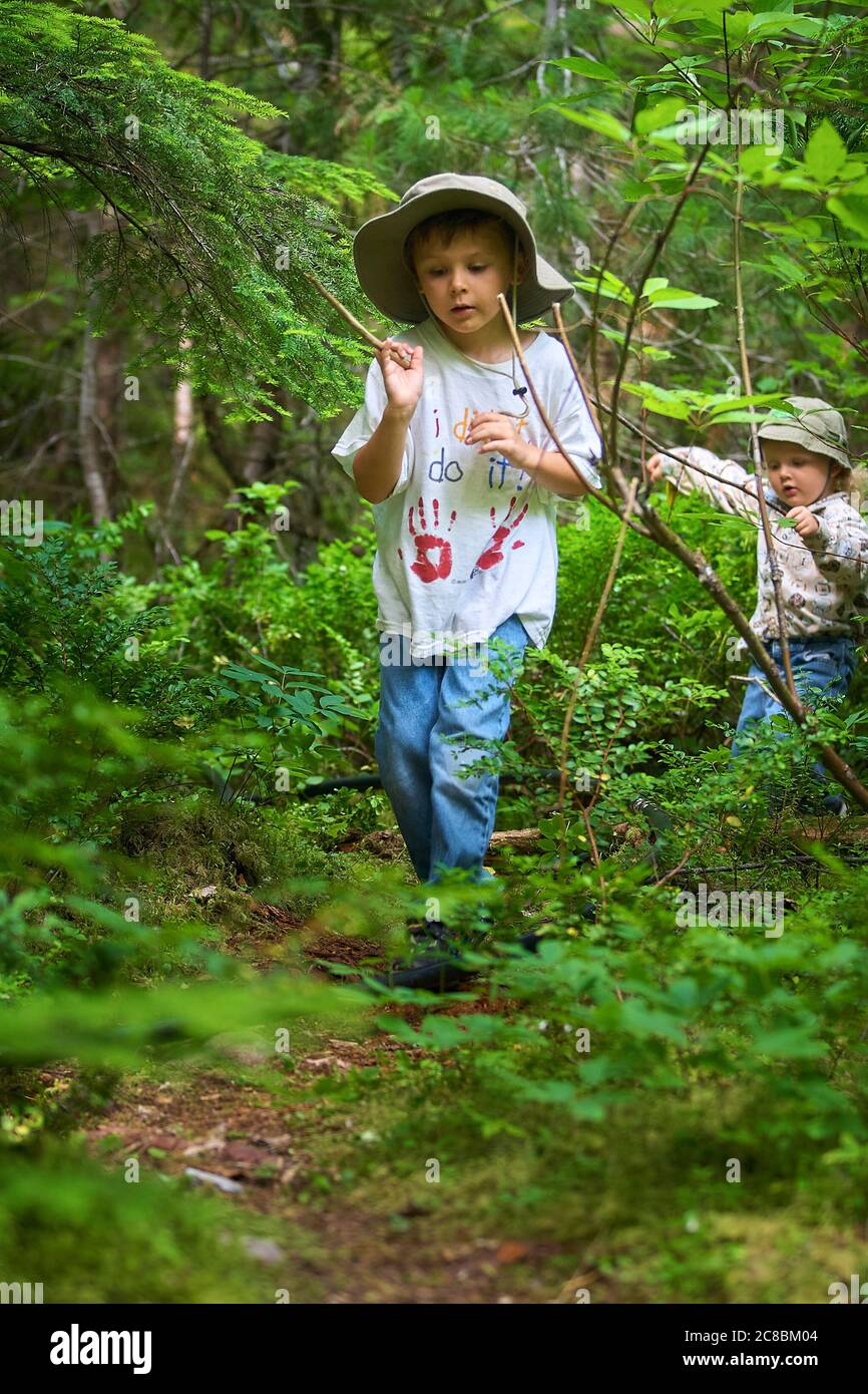 two young brothers walking on a trail in the forest together Stock