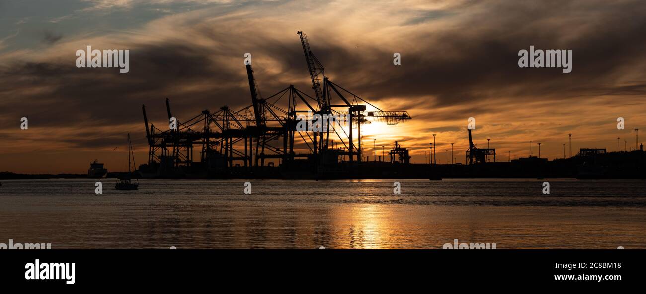 Silhouettes of ship to shore cranes at sunset.. Stock Photo
