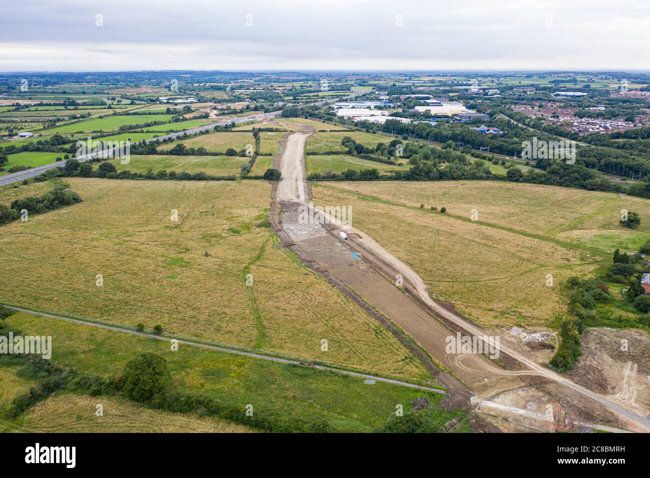 Aerial panorama view of The new Wichelstowe southern access road (WSA) constrution in Swindon, Wiltshire Stock Photo