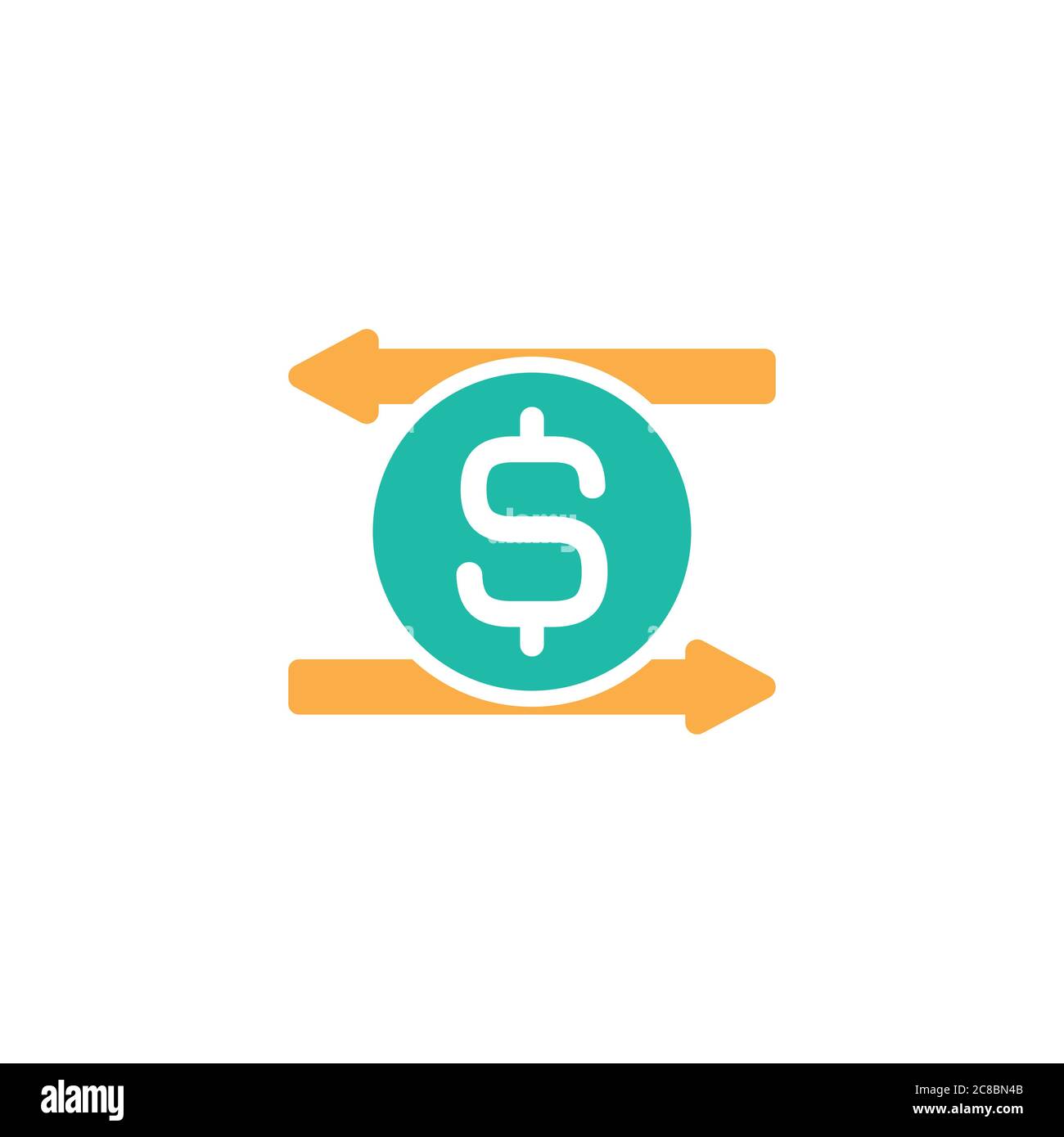 Two orange arrows with dollar sign in blue circle. Flat icon. Isolated ...