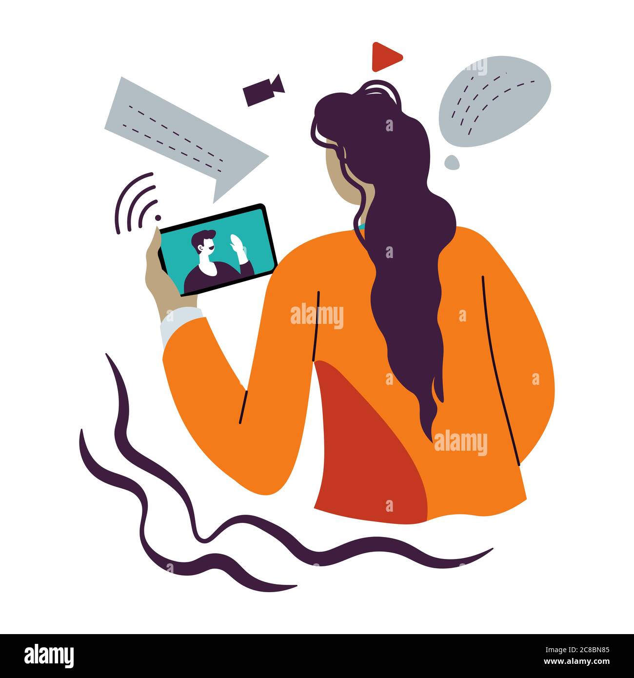 Woman talking via videoconference using smartphone, connection and communication Stock Vector