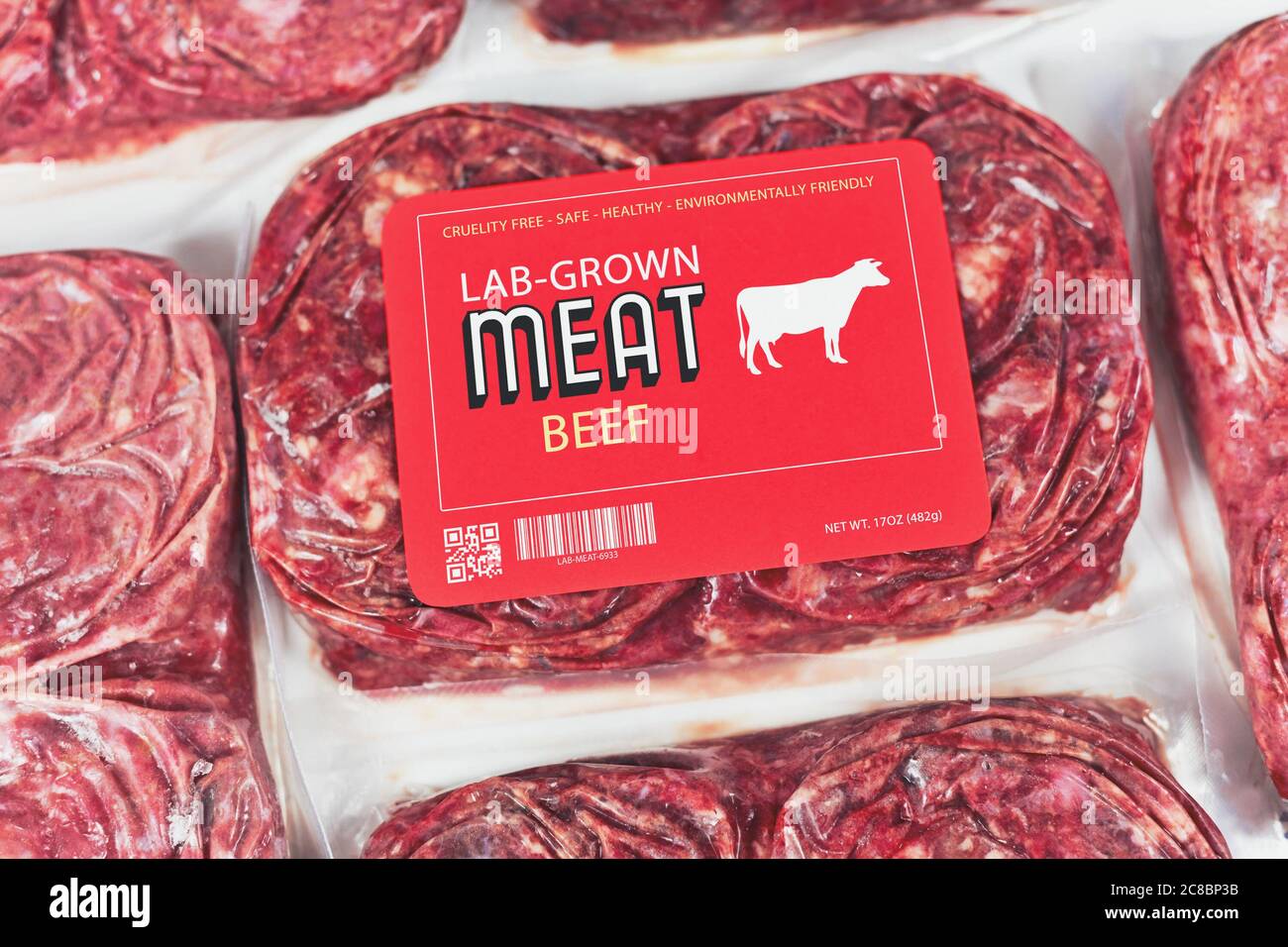 Lab grown cultured meat concept for artificial in vitro cell culture meat production with frozen packed raw meat with made up label Stock Photo