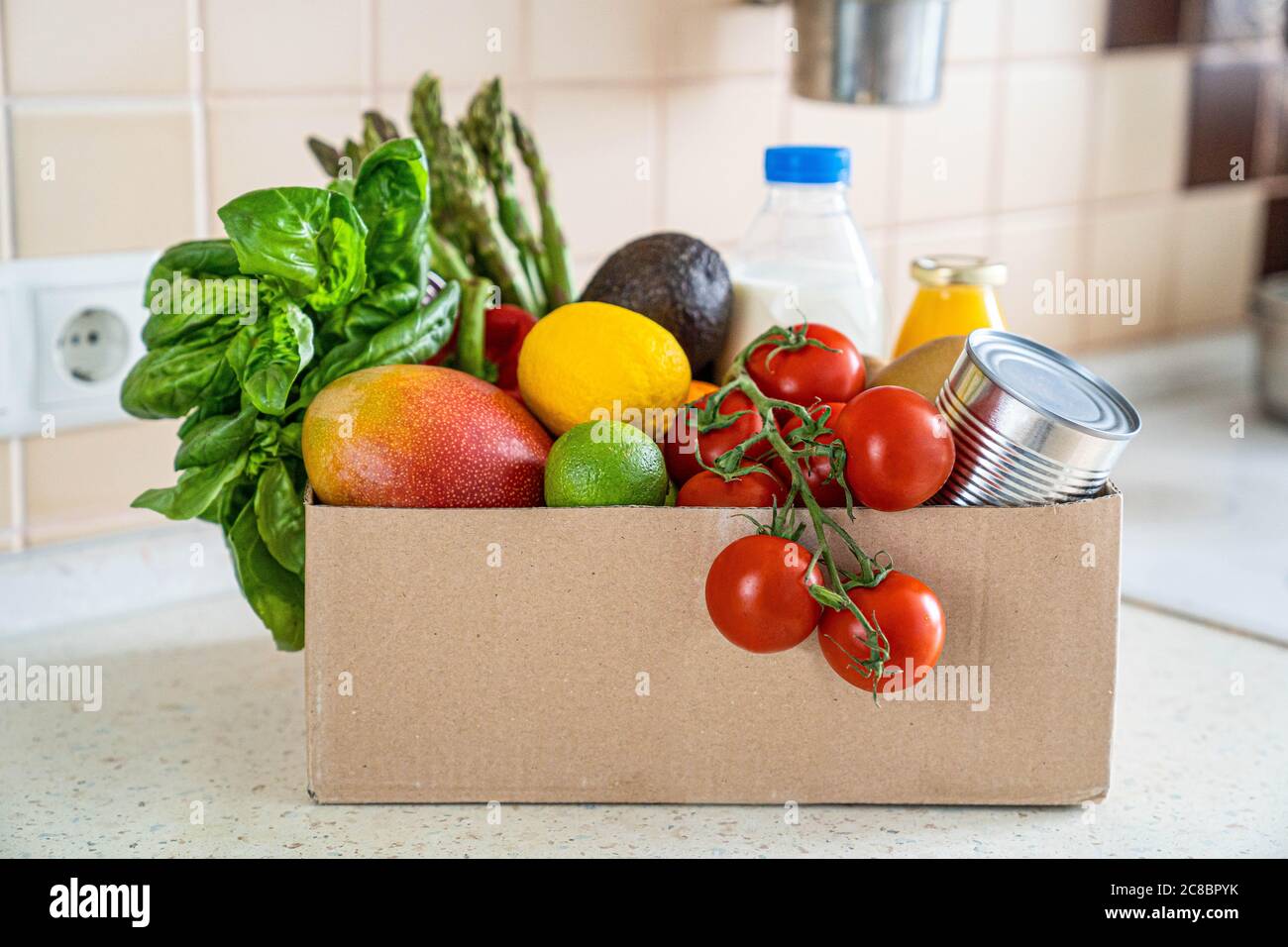 Food delivery concept groceries in box Stock Photo Alamy