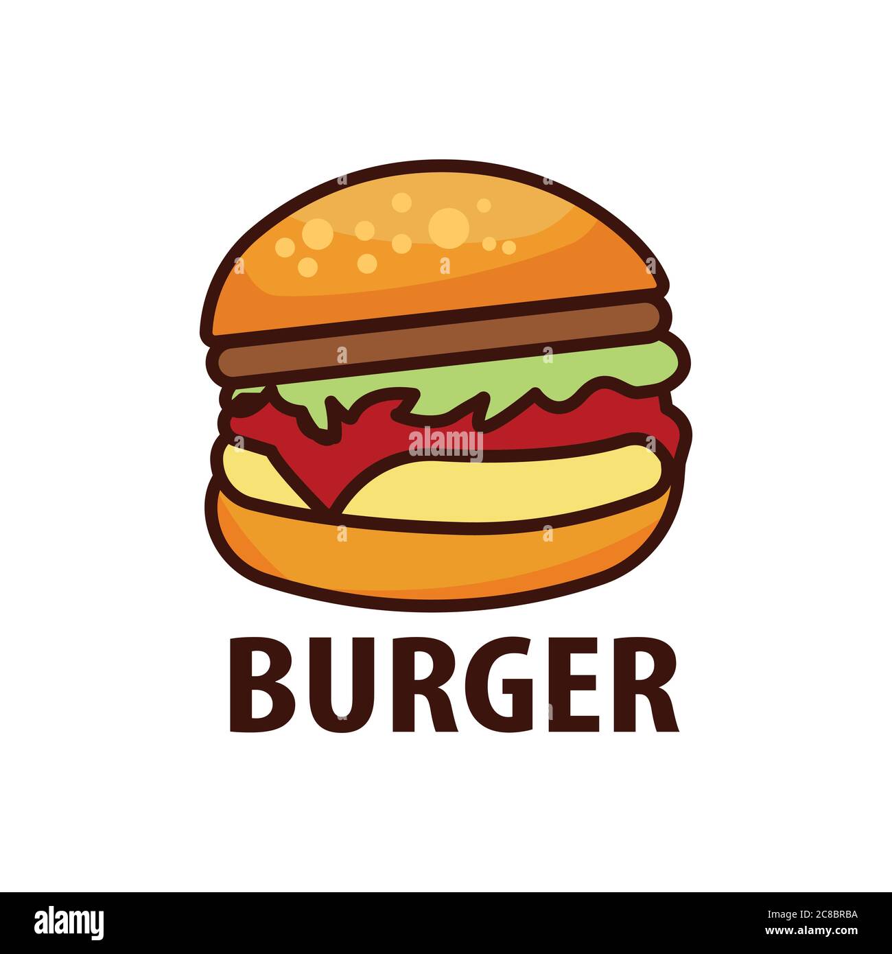 Delicious burger flat icon and lettering inscription. Design template ...
