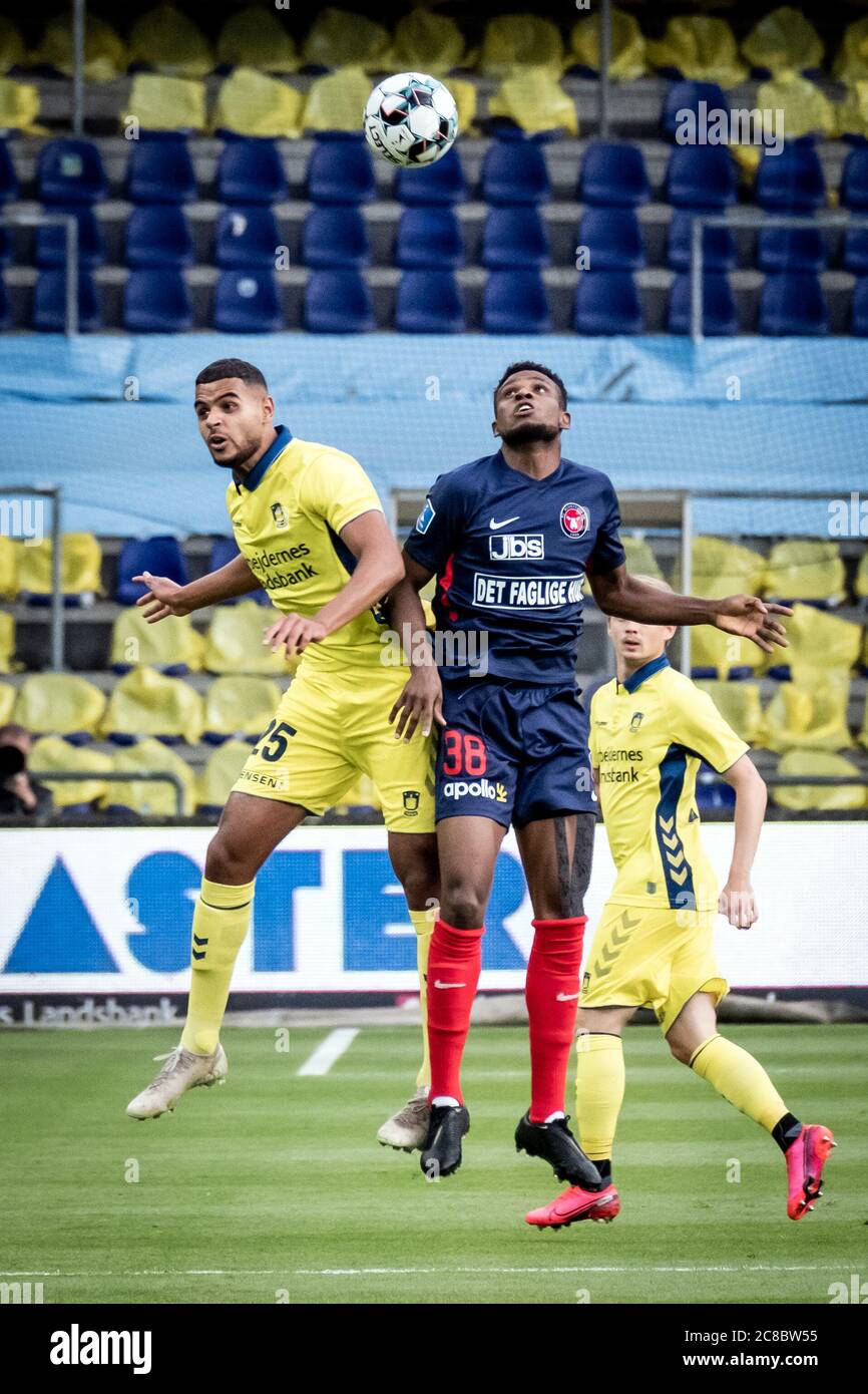 Brondby, Denmark, 22nd, July 2020. Frank Onyeka (38) of FC Midtjylland and Anis Ben Slimane (25) of Brondby seen during the 3F Superliga match between Broendby IF and FC Midtjylland at Brondby Stadium. (Photo credit: Gonzales Photo - Kim M. Leland). Stock Photo