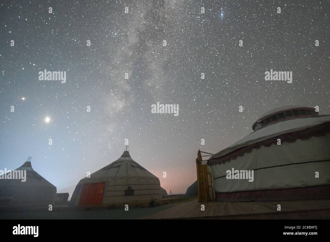 (200723) -- ZHENGLAN BANNER, July 23, 2020 (Xinhua) -- Photo taken on July 23, 2020 shows Mongolian yurts near the site of Xanadu under the starry sky in Zhenglan Banner of Xilingol League, north China's Inner Mongolia Autonomous Region. Located in Zhenglan Banner of Xilingol League, north China's Inner Mongolia Autonomous Region, the relic site of Xanadu, or Yuan Shangdu ruins, is one of the best preserved sites of the capital cities of Yuan Dynasty (1271-1368) in China. Credit: Xinhua/Alamy Live News Stock Photo