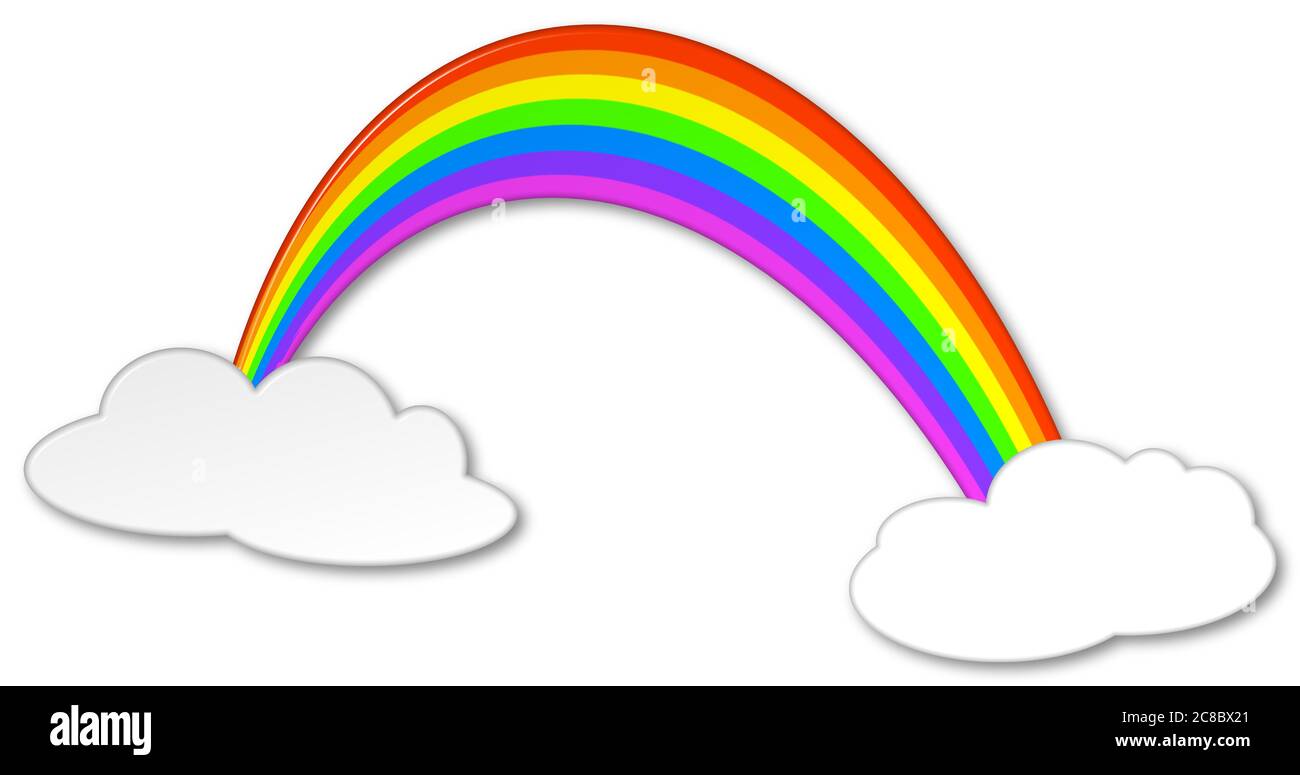 Rainbow of hope and happiness with clouds in a cartoon style effect 3D illustration on an isolated white background Stock Photo