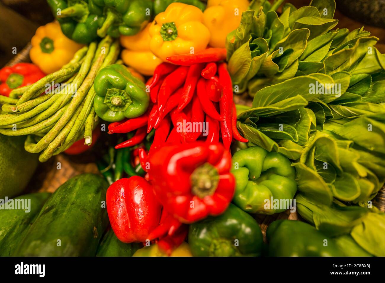 Food background with assortment of fresh organic vegetables. Stock Photo