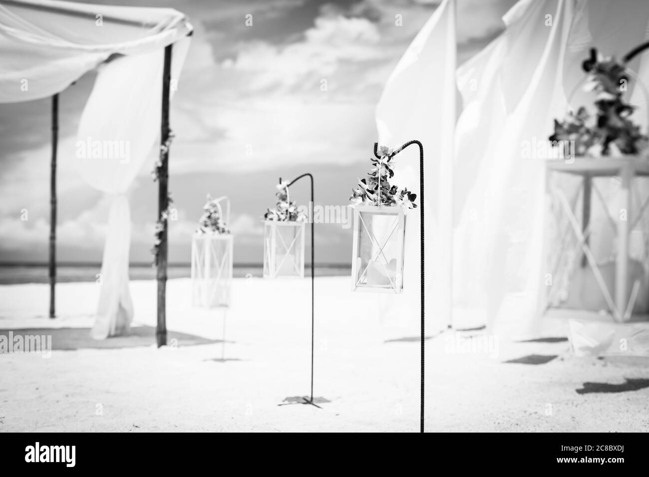 Wedding set up on beach. Tropical outdoor wedding party on beach. Romantic wedding setting on the beach. Stock Photo