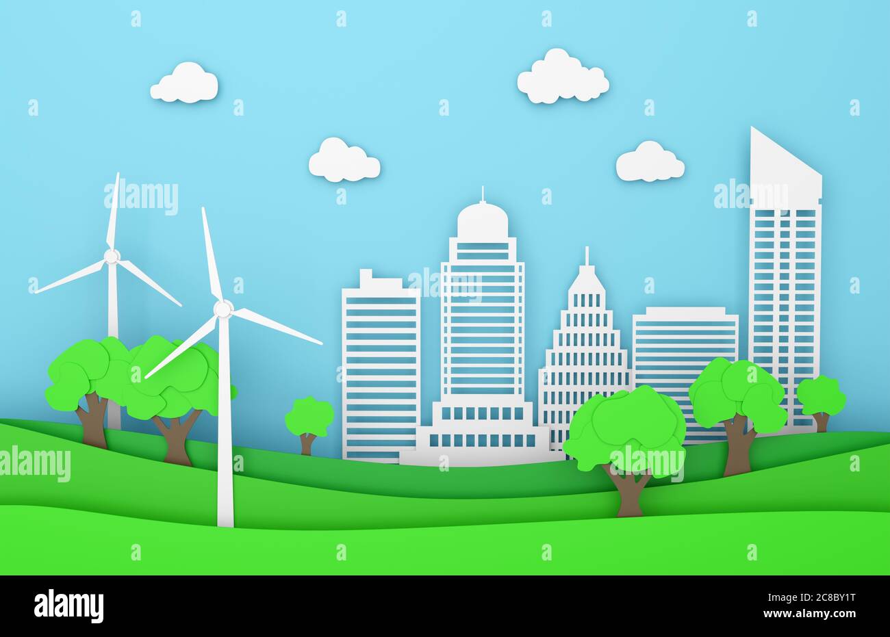 landscape paper city ecology green energy wind turbine 3D illustration Stock Photo