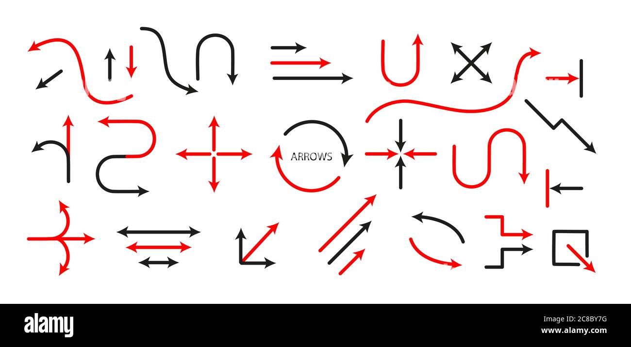 Big Set Arrows and directions signs. thin line and arrow. Vector black and red isolated on white