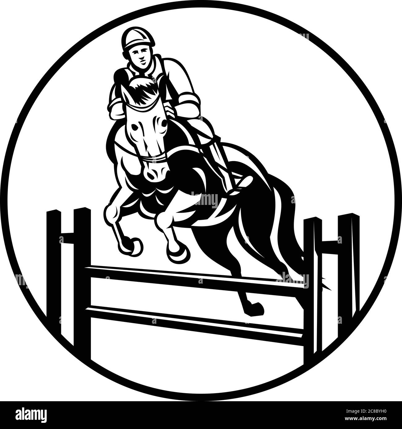 Retro style illustration of a rider on horse show jumping, stadium jumping or open jumping, an English riding equestrian event set in circle on isolat Stock Vector