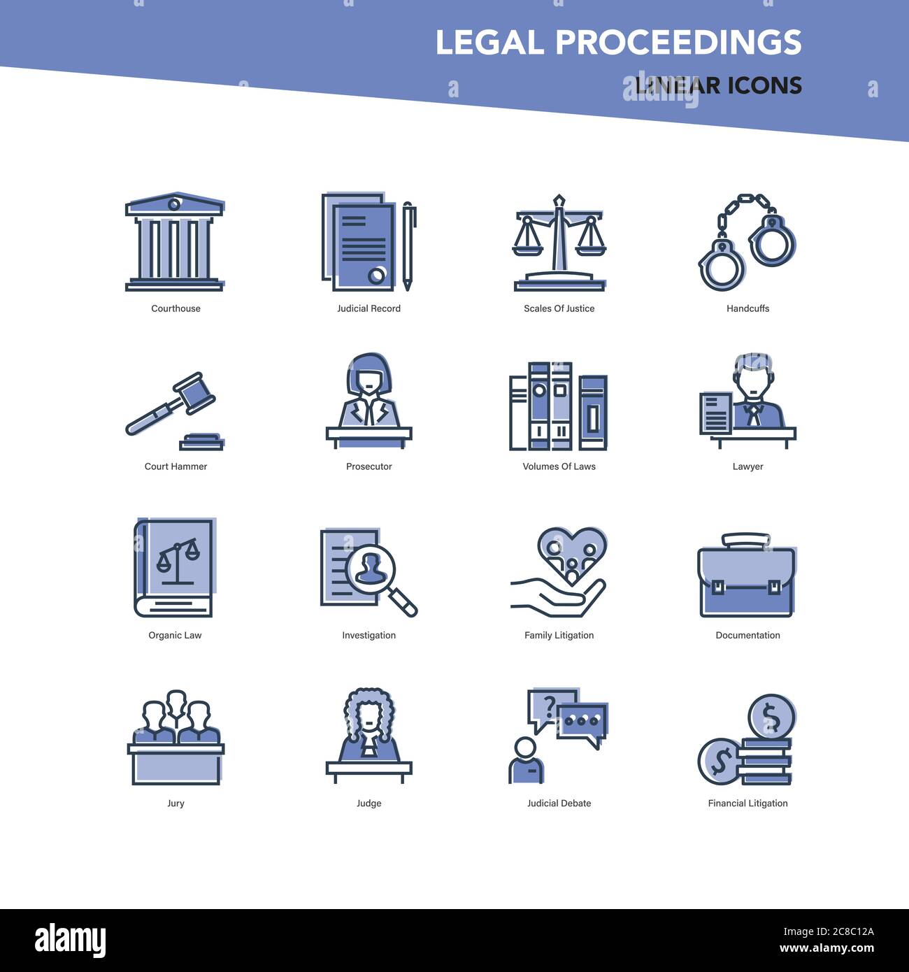 Vector set of color line icons of legal proceedings and law Stock