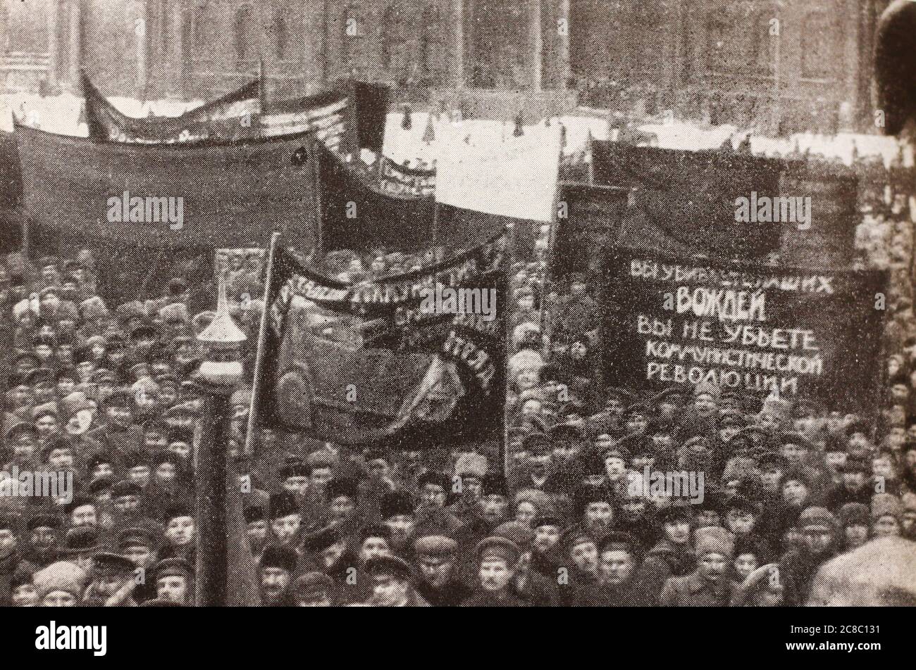 Protest rally in Petrograd (St. Petersburg) because of the murder of Karl Liebknecht and Rosa Luxemburg. Stock Photo