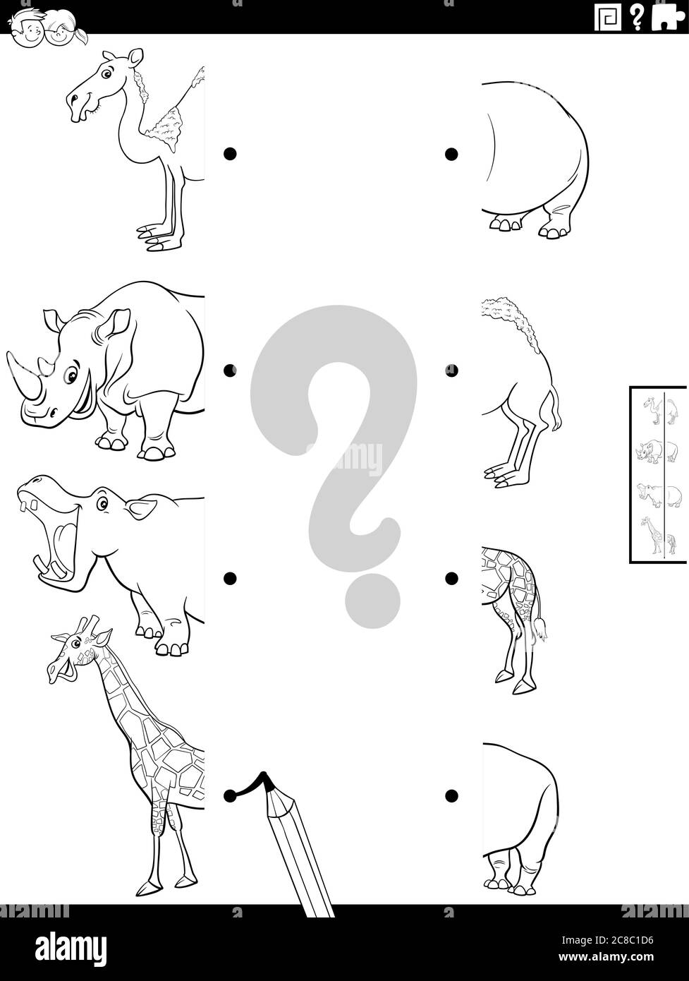 Black and White Cartoon Illustration of Educational Task of Matching Halves of Pictures with Funny Wild Animal Characters Coloring Book Page Stock Vector
