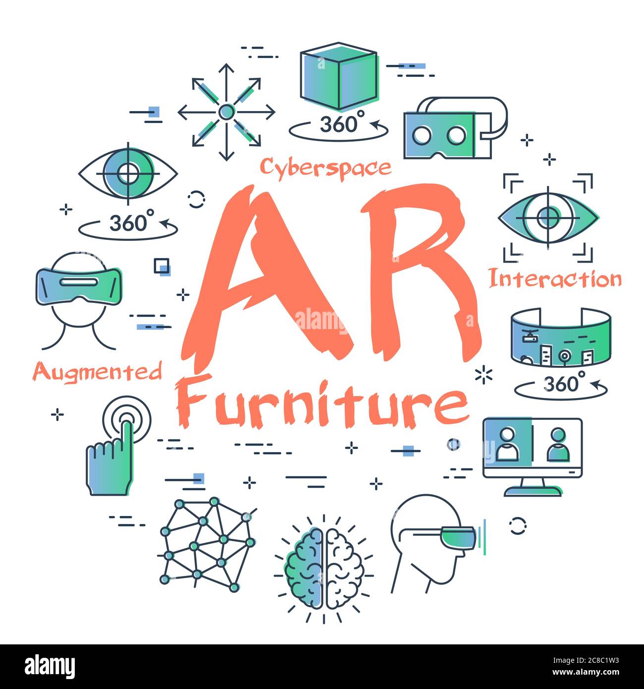 Vector virtual reality concept with AR furniture text Stock Vector