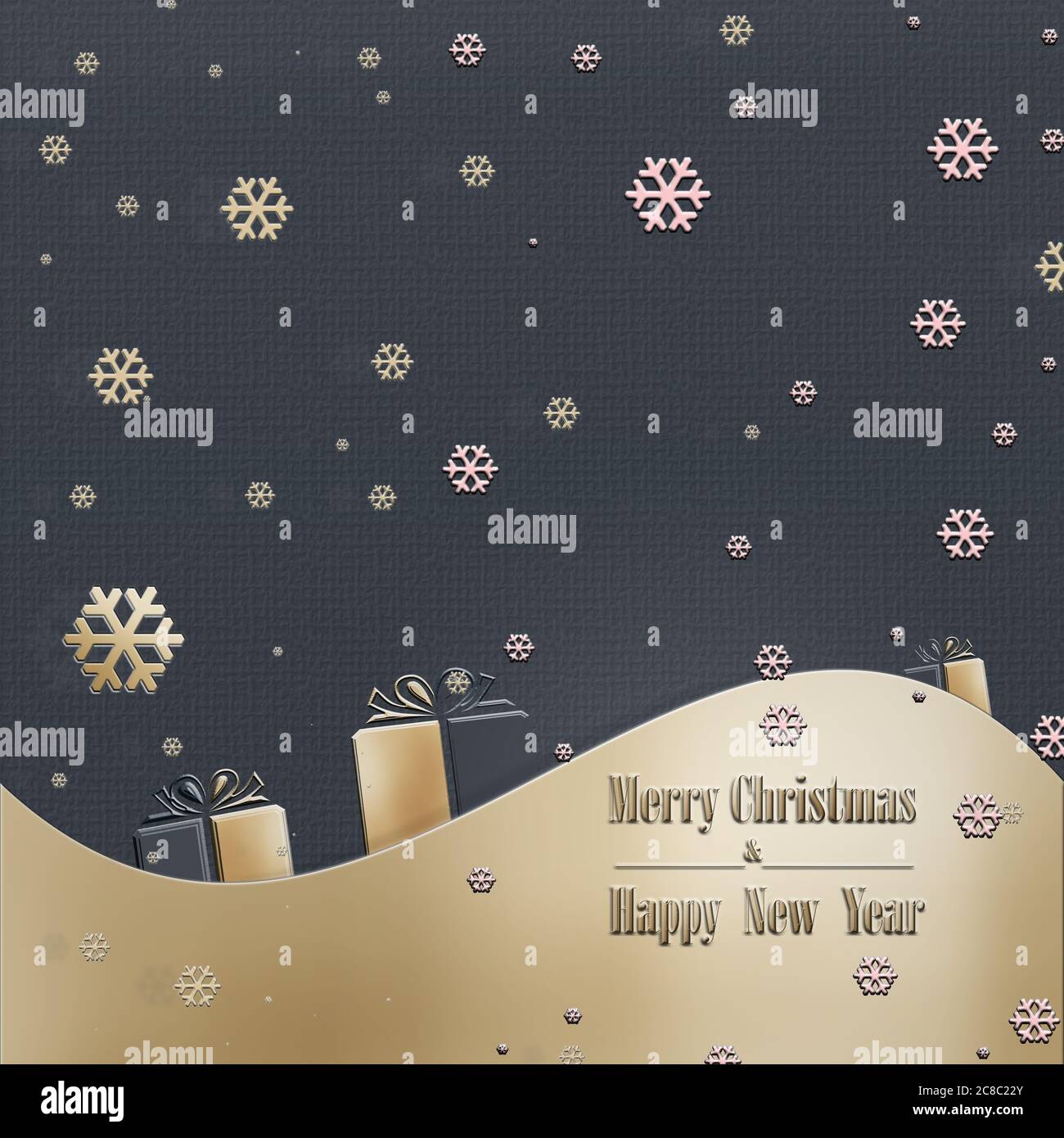 Peaceful trendy Christmas greeting card. Calm night on dark blue background, gold confetti, pine fir, gift boxes, snow. Text Merry Christmas Happy New Year. Festive Pattern, Wallpaper. 3D illustration Stock Photo