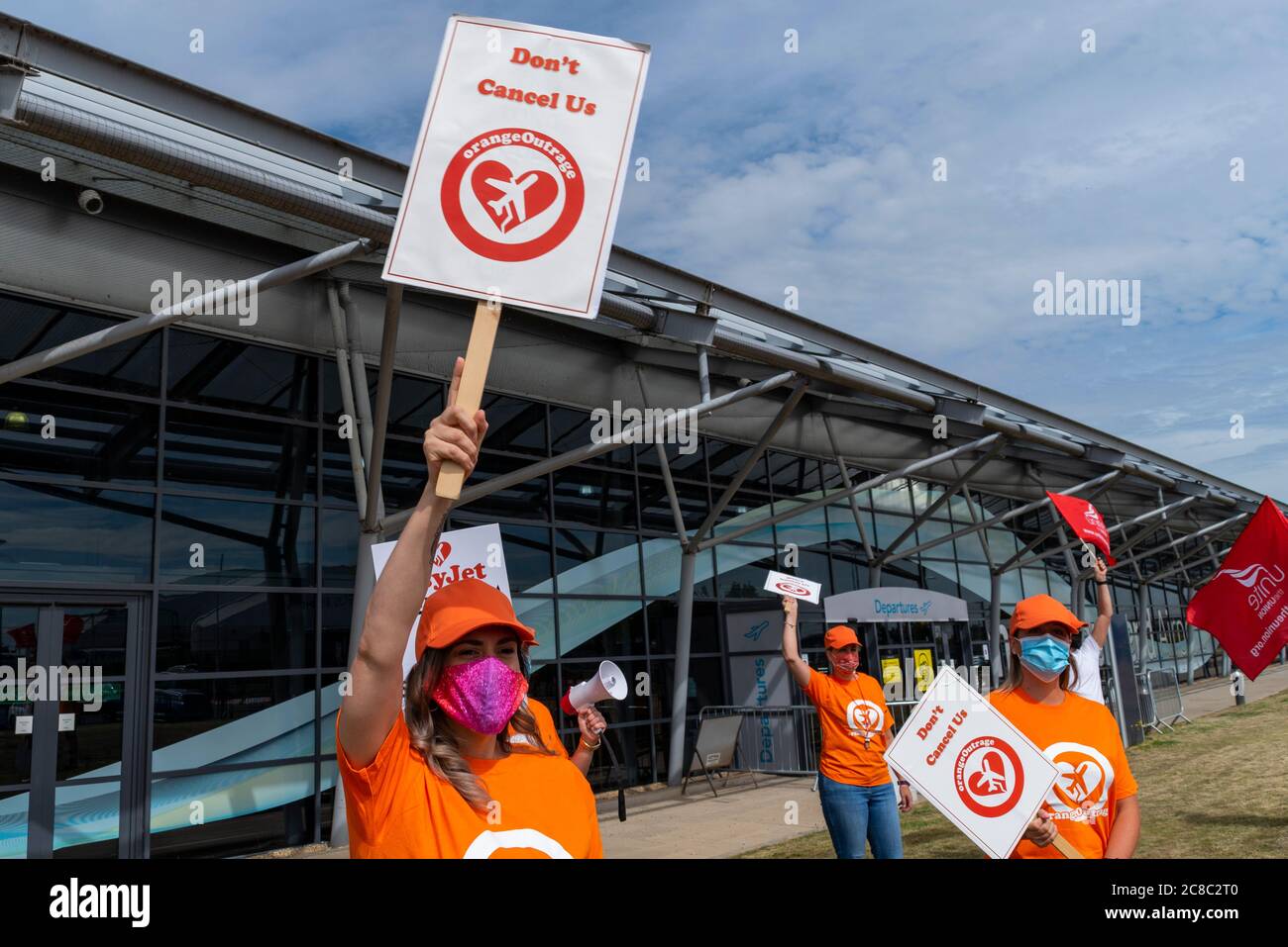 London Southend Airport, Essex, UK. 23rd Jul, 2020. Due to the loss of business resulting from the COVID-19 Coronavirus lockdown easyJet announced plans to close their airport bases at Newcastle, Stansted and London Southend. Although some flights may still serve these airports removing their base operations would mean the loss of 1290 jobs. Staff are demonstrating outside the airport at Southend led by Unite the Union who have voted for no confidence in the airline's chief operating officer Peter Bellew Stock Photo