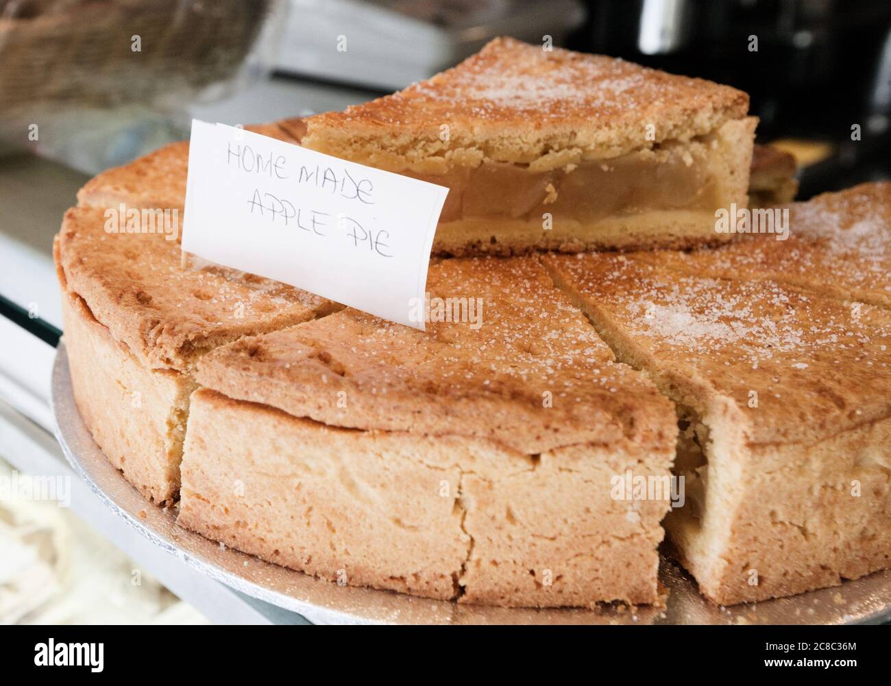 Close-up of apple pie on display case Stock Photo