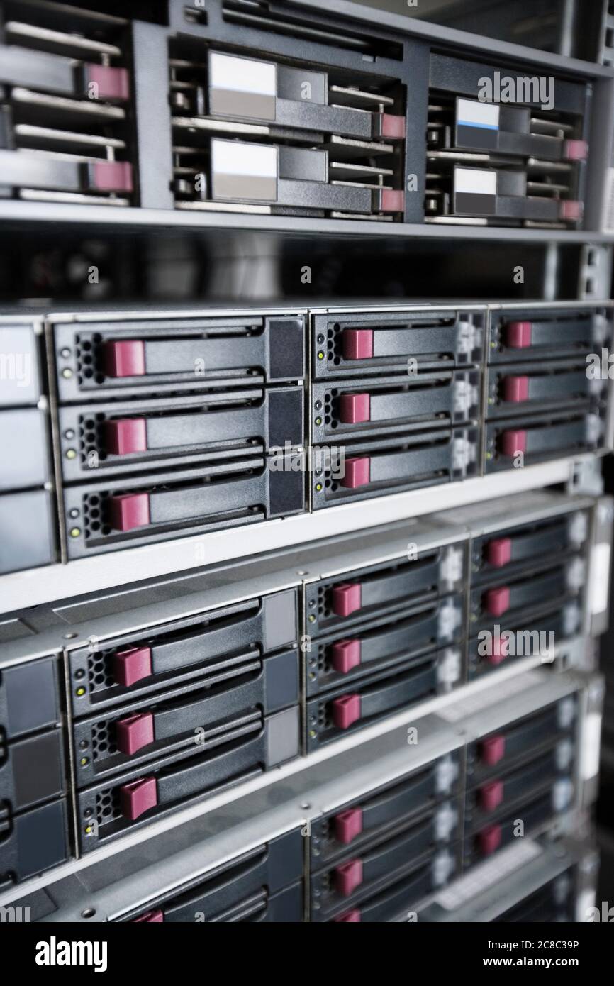Close up of server hard drives in data center Stock Photo