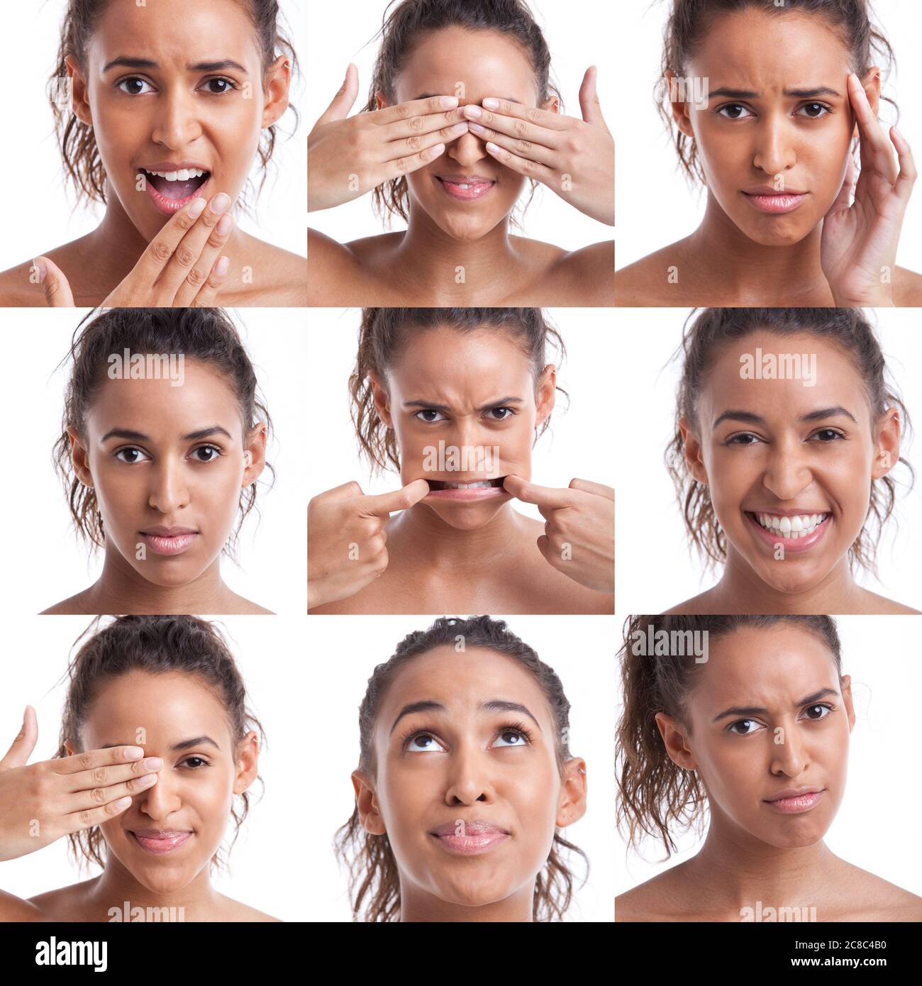 Collage of black female pulling many expressions Stock Photo