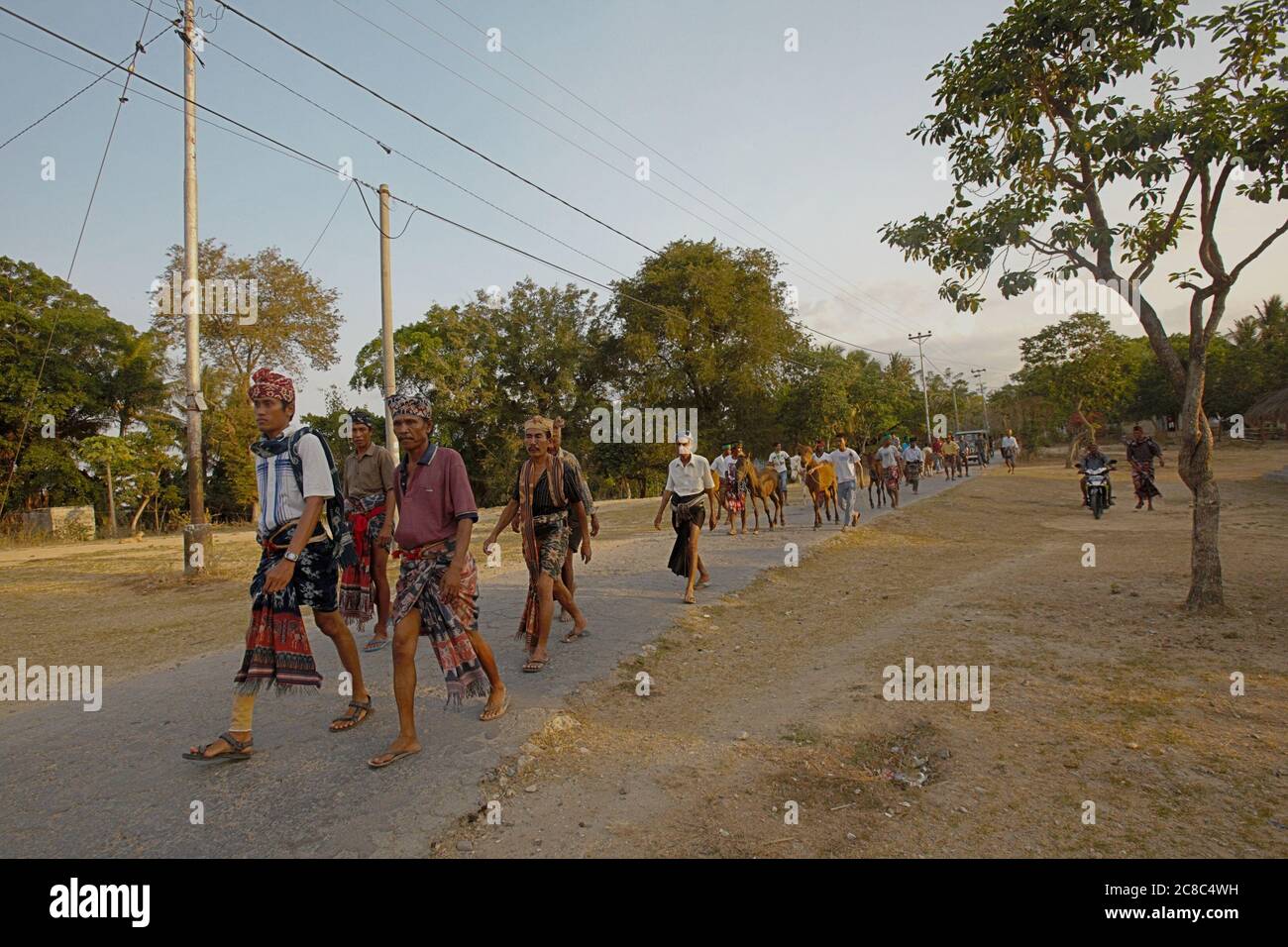 Local community of Prailiu royal village walking together to accompany Umbu Ndjurumanna, toward Sarah's local house, for a traditional Sumbanese marriage proposal. Archival photo. Reportage (2011). Stock Photo