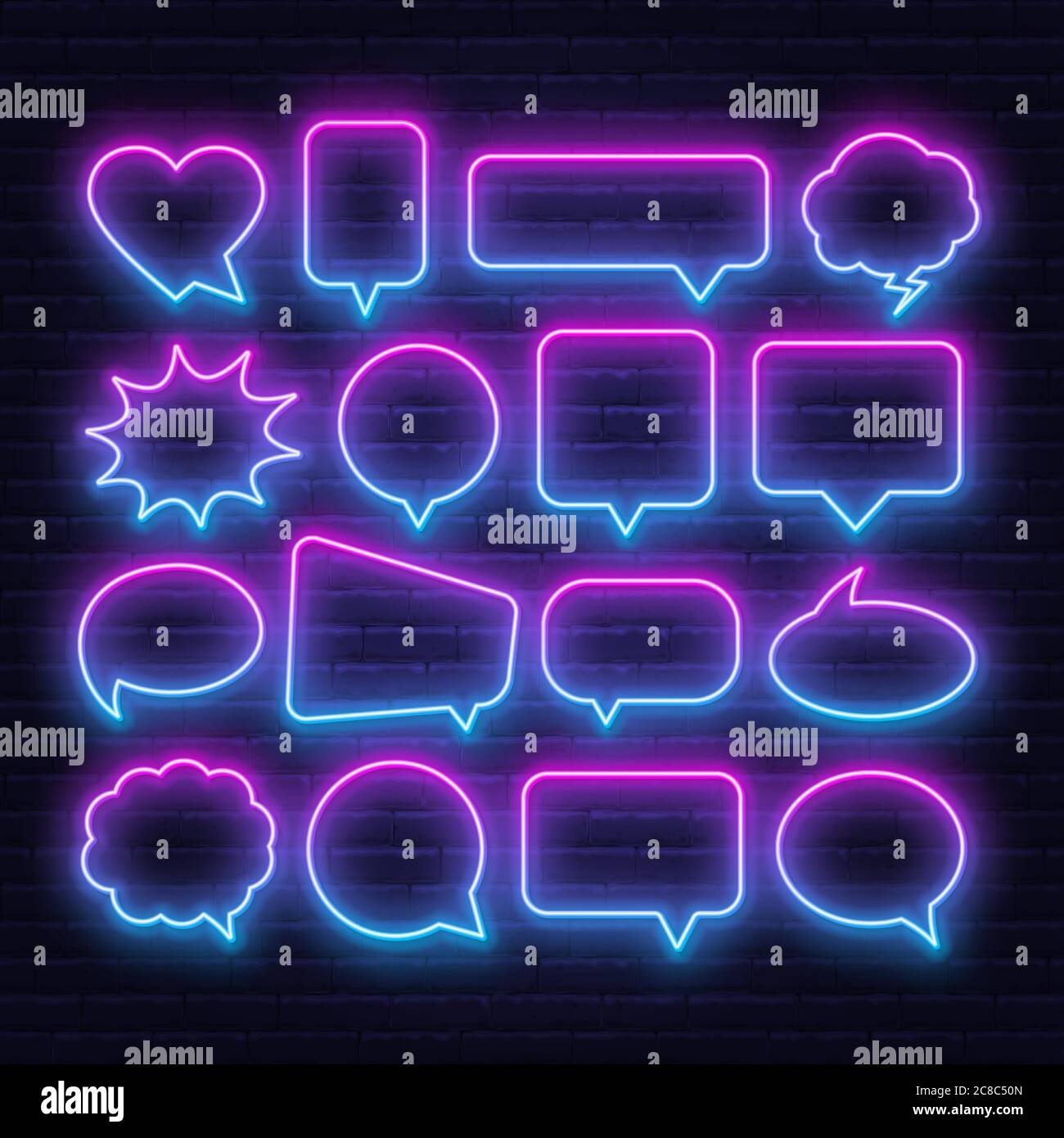 Neon pink blue gradient speech bubble frame on dark background . Bright light frames for quotes and text. Stock Vector