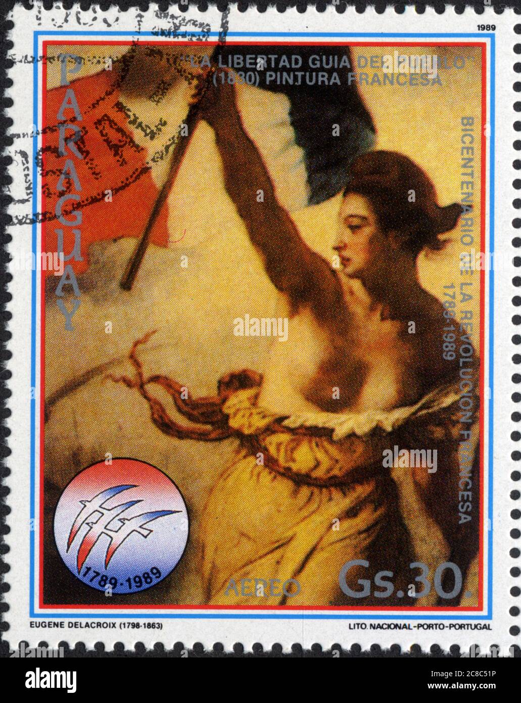 Timbre oblitéré Bicentenario de la Revolucion Francesa. 1789-1989. La libertad guia del peublo 1830. Pintura Francesa. GS. 30. Eugène Delacroix Stock Photo