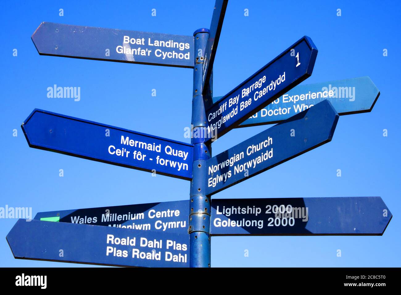 Cardiff  Wales street signpost giving directions to some of the cities most popular landmark attractions stock photo Stock Photo