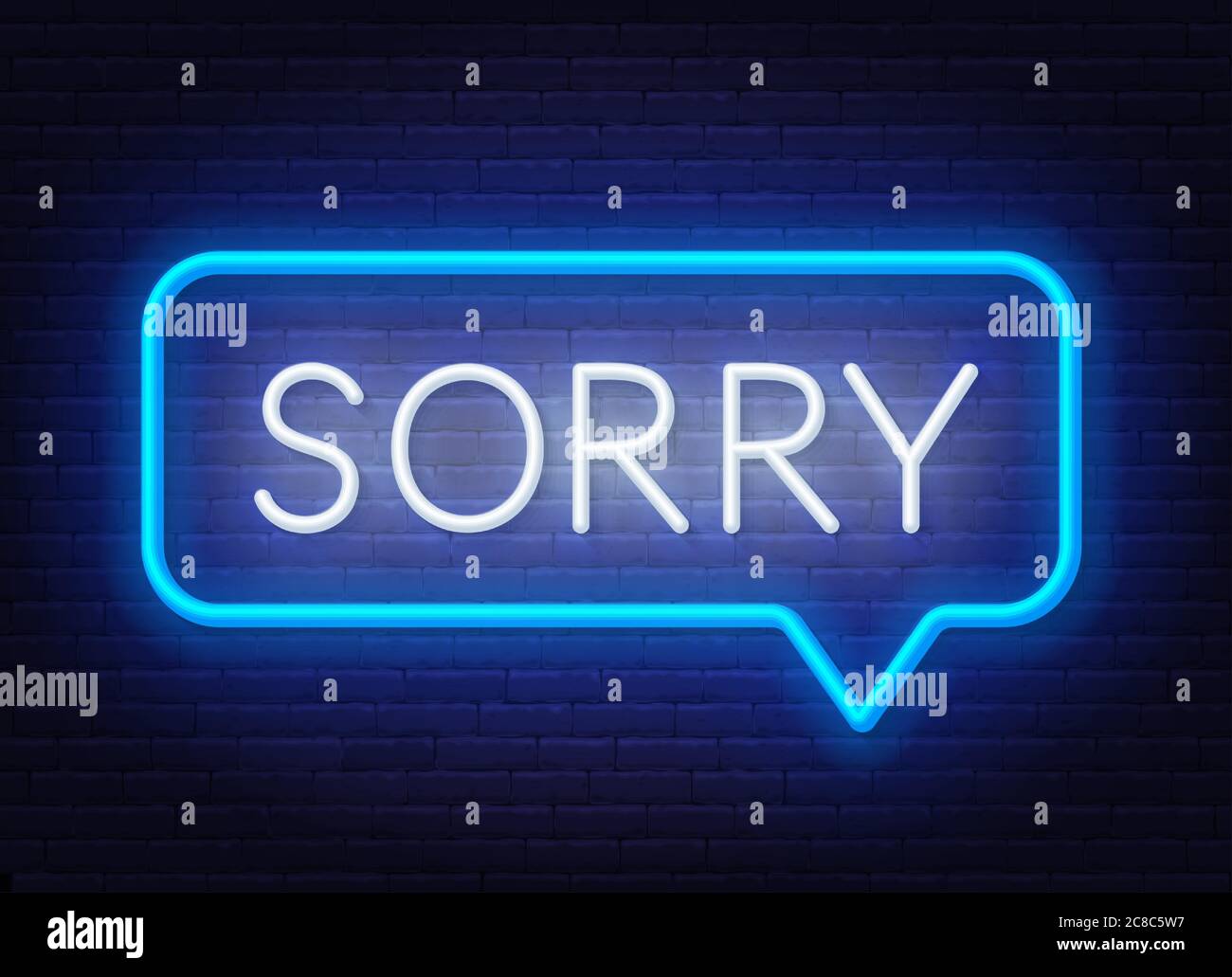 Neon sign sorry in speech bubble frame on dark background. Stock Vector