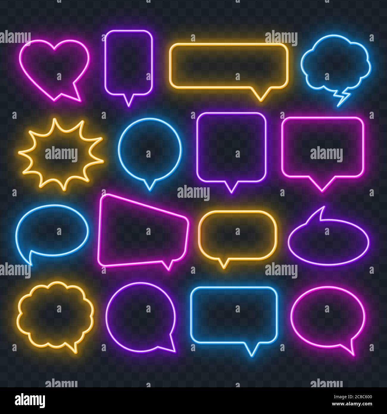 Neon multicolored speech bubble on a transparent background. Bright light frames for quotes and text. Stock Vector