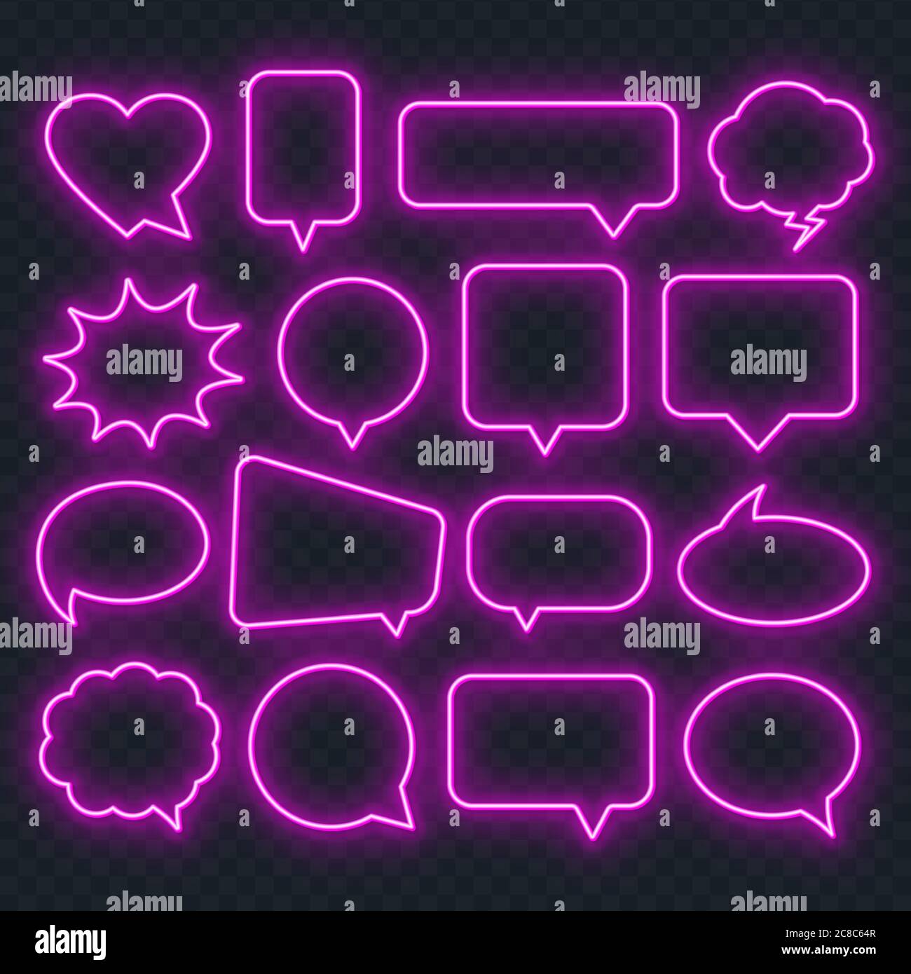 Neon pink speech bubble frame on a transparent background. Bright light frames for quotes and text. Stock Vector