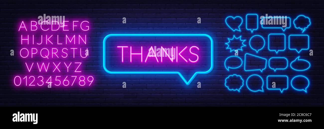 Neon sign thanks in frame on dark background. Stock Vector
