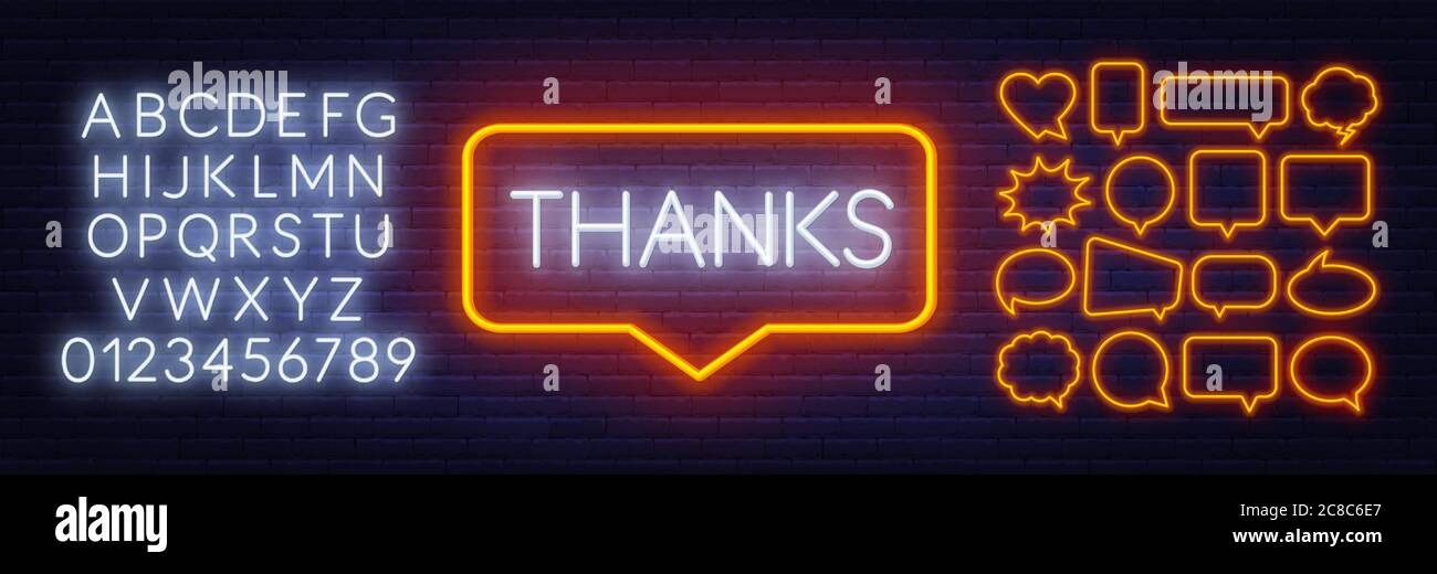 Neon sign thanks in frame on dark background. Stock Vector