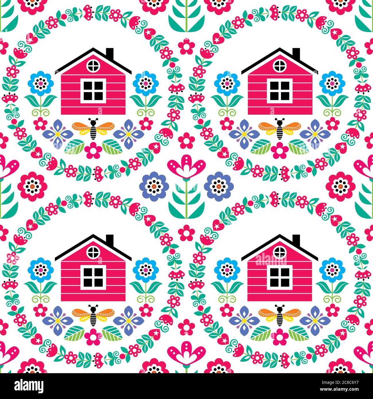 Scandinavian folk art seamless vector floral mandala pattern with Finnish or Norwegian house, retro colorful textile design Stock Vector