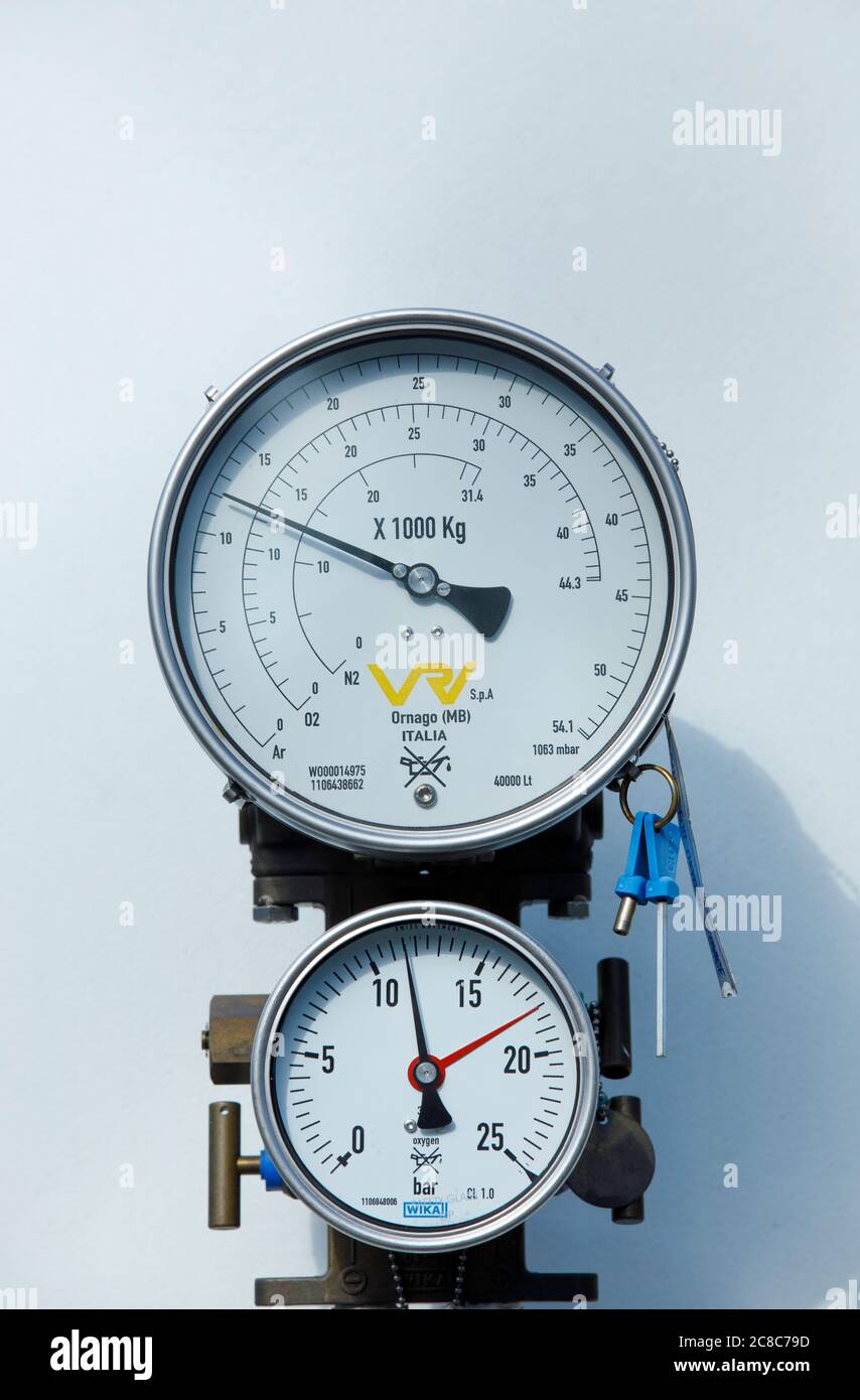 Closeup of pressure gauges on nitrogen gas tank . Multiple scales for