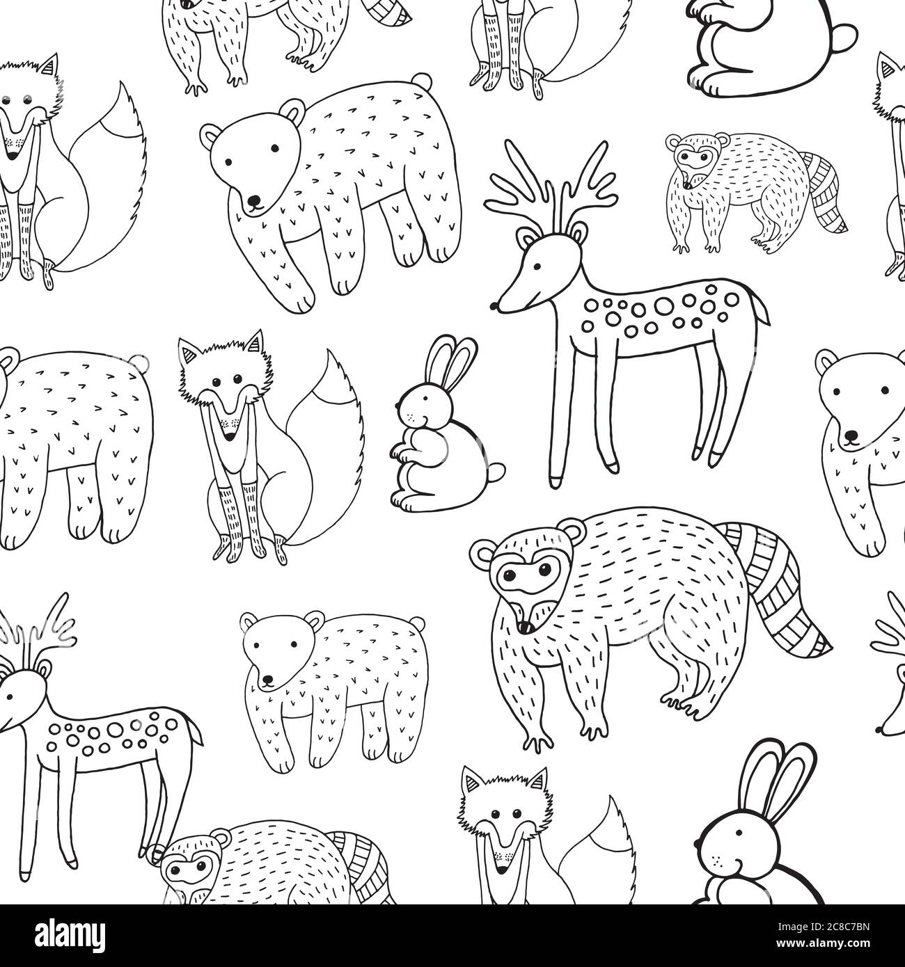 Kids drawing of animals - seamless pattern. Doodle coloring page for ...