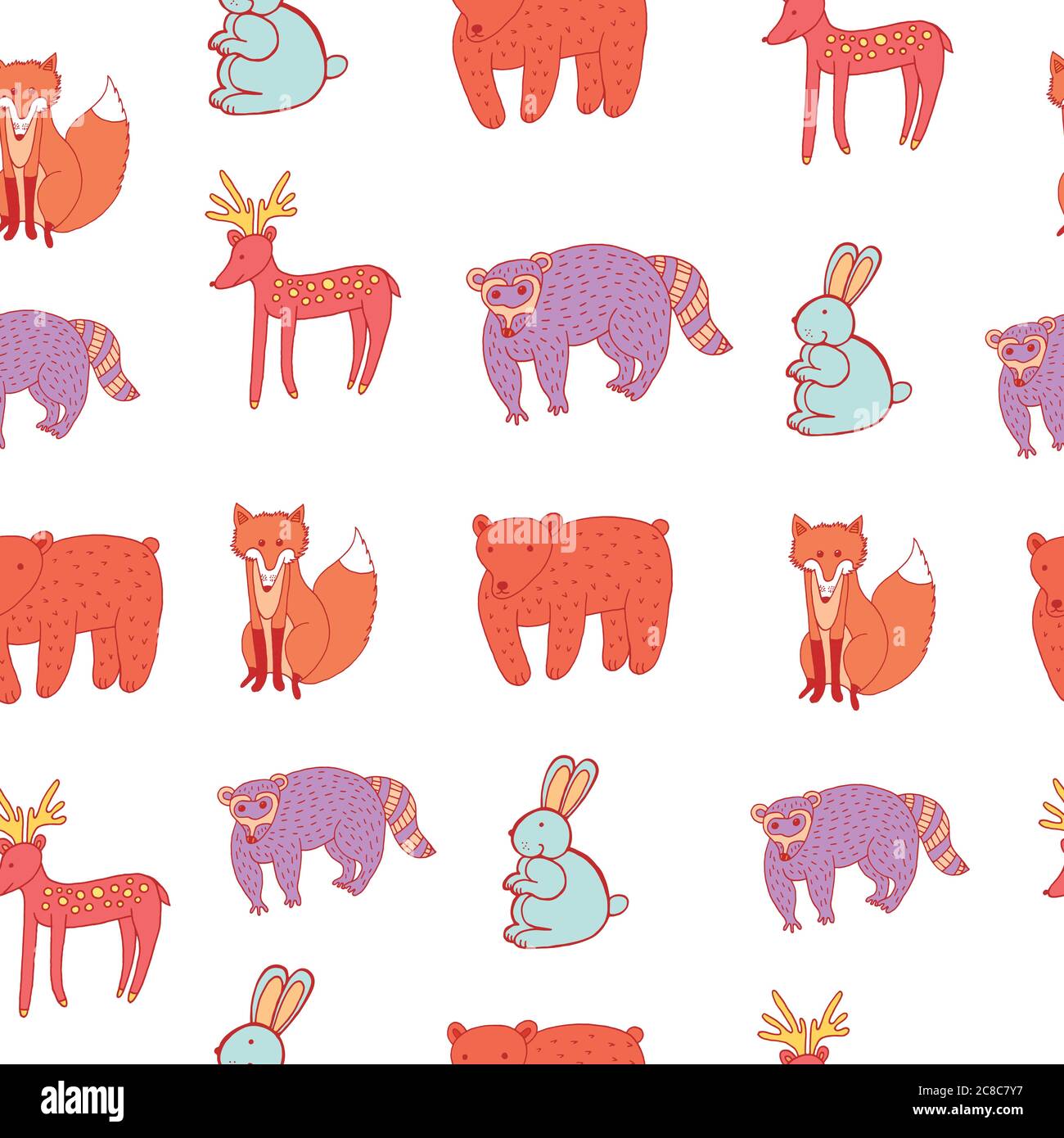 Forest animals - seamless pattern. Doodle vector illustration Stock Vector