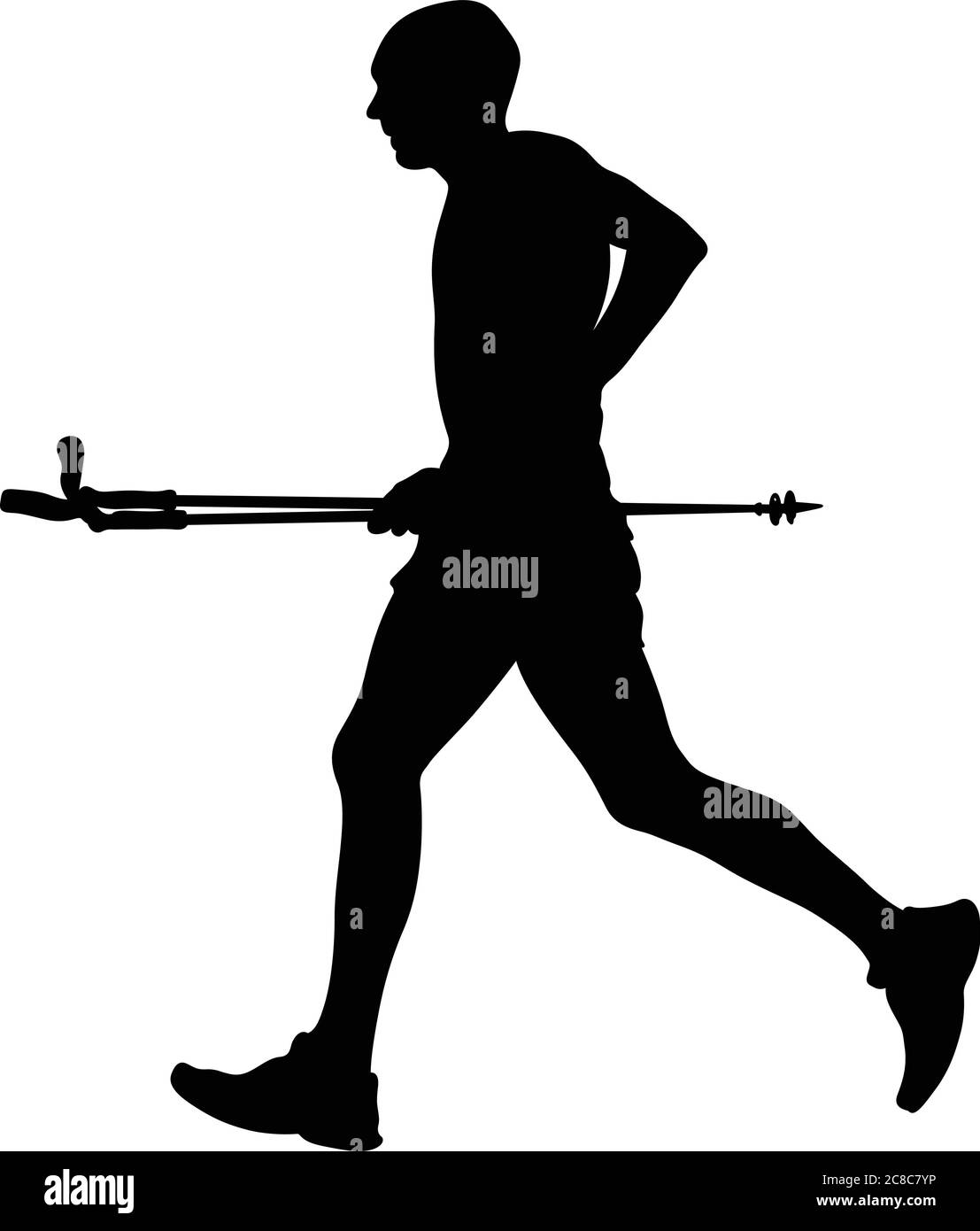 mountain marathon skyrunning. black silhouette man athlete with trekking poles Stock Vector