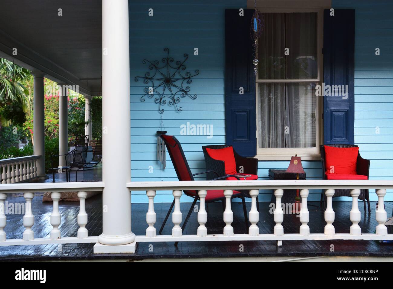 A charming wrap around front porch on a home in the historic Oakwood Neighborhood of Raleigh, North Carolina. Stock Photo