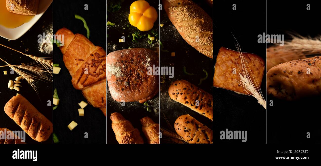 bakery product bread collage banner isolated black Stock Photo