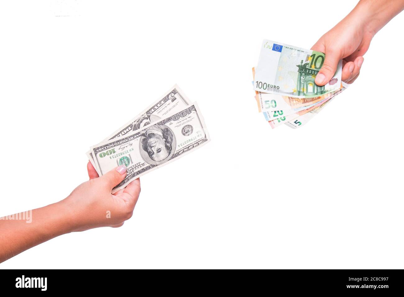 Hands exchange dollars for euros. People exchange currency, hands