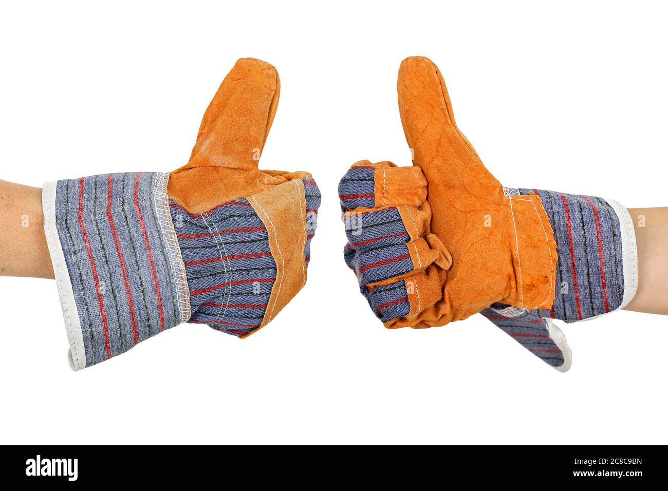 hand in protective glove thumb up Stock Photo