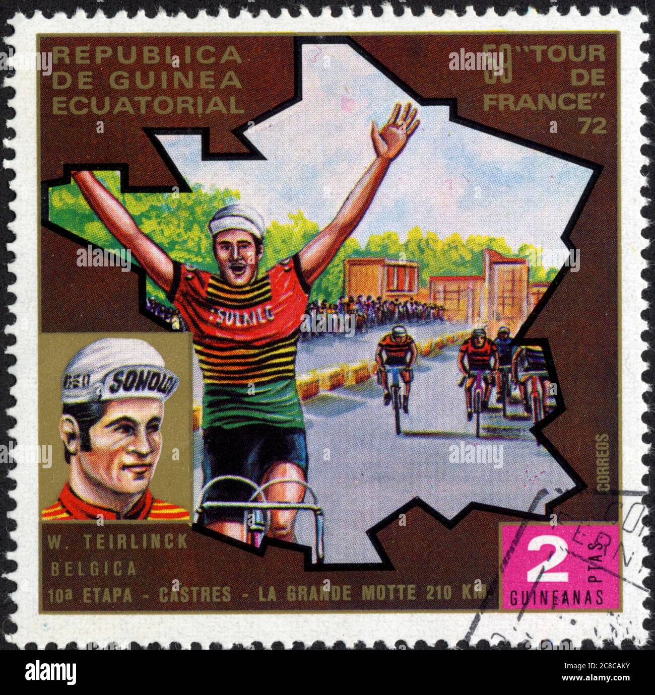 Republica de Guinea Ecuatorial. 59 Tour de France 72. W. Teirlinck. Belgica. 10a etapa. Castres-  La Grande Motte 210 km. 2 Ptas guineanas. Correos Stock Photo