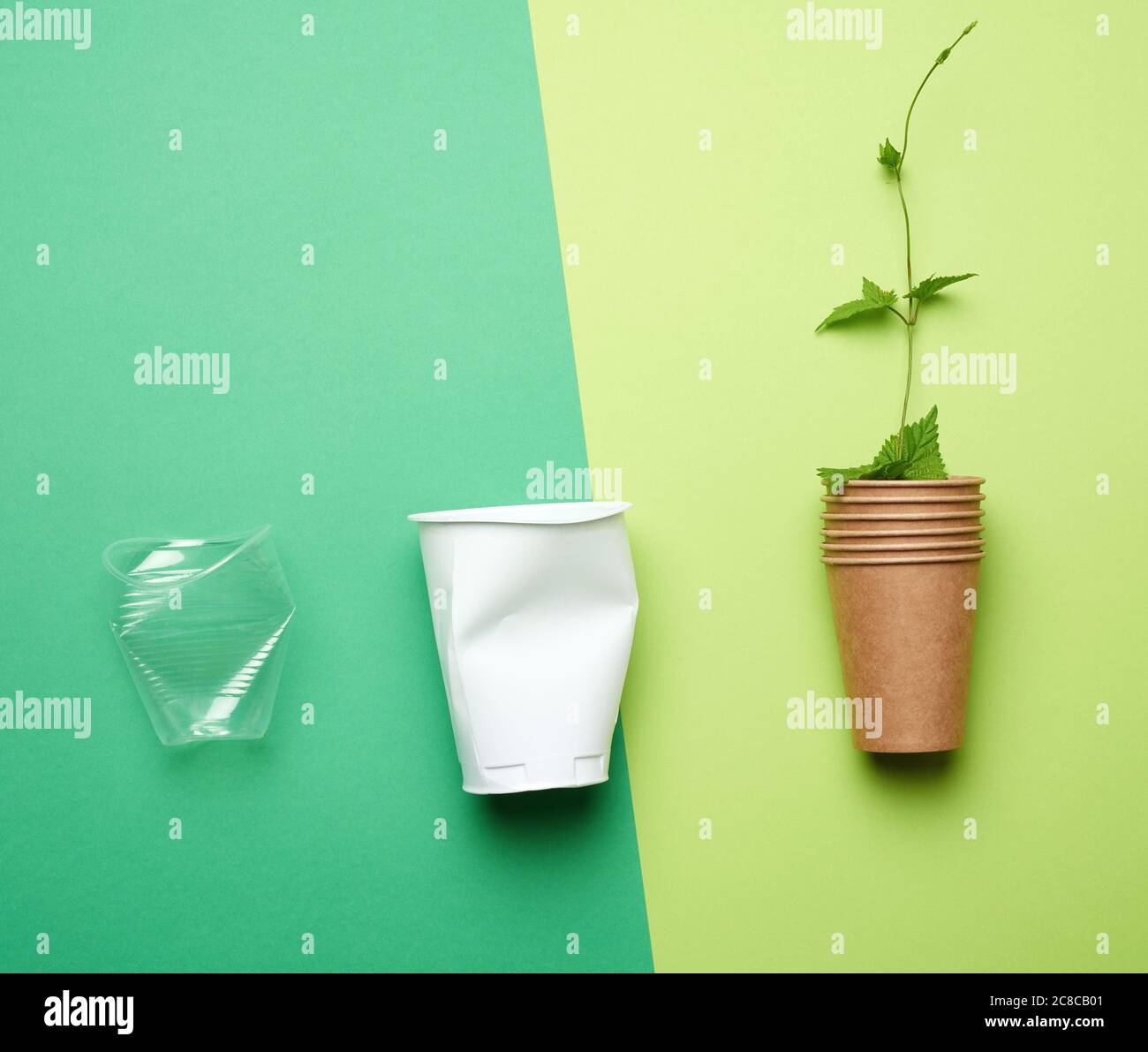 plastic drink cups and paper cup with branch and green leaves on green background, environmental pollution concept, no plastic, top view Stock Photo