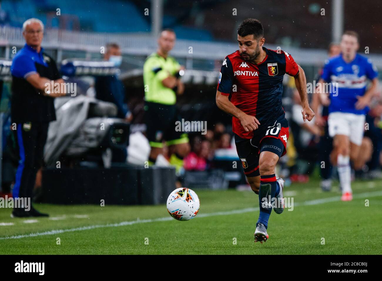 Genoa, Italy. 30 April 2022. Antonio Candreva of UC Sampdoria competes for  the ball with Pablo Galdames of Genoa CFC during the Serie A football match  between UC Sampdoria and Genoa CFC.