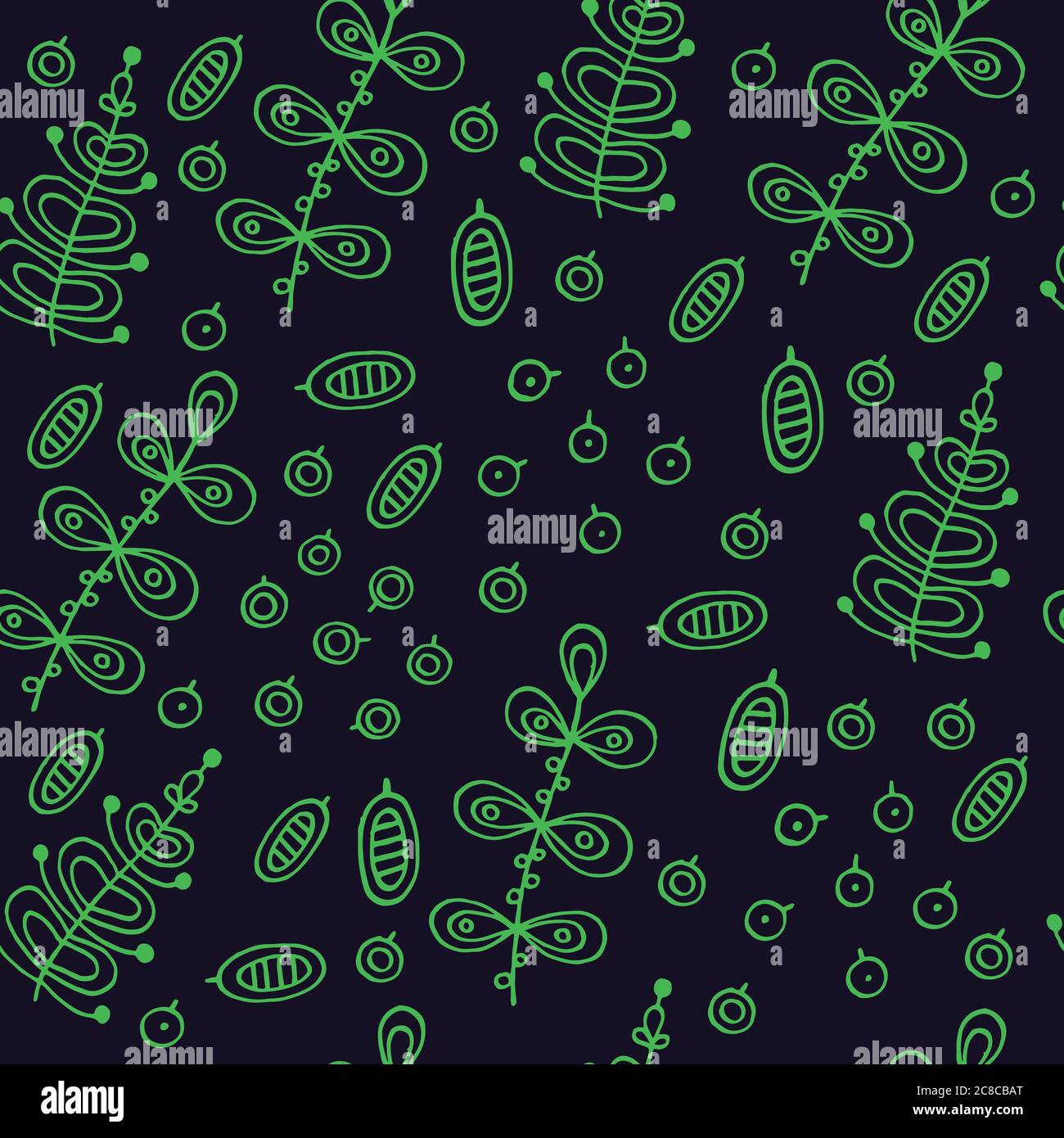Forest berries and leaves - doodle seamless pattern. Green elements on the dark background. Vector illustration Stock Vector