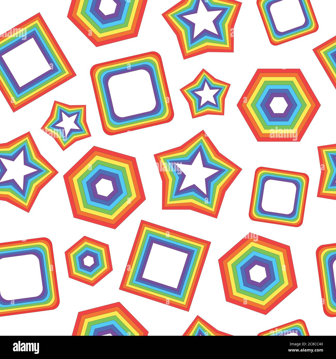 Seamless pattern with geometric rainbow figures - star, square and other. Artistic psychedelic background. Vector illustration Stock Vector